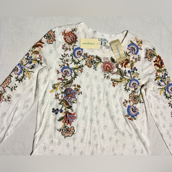 Sundance New NWT Sz XS Floral Embroidered White Top Blouse Boho Folk - Picture 2 of 6